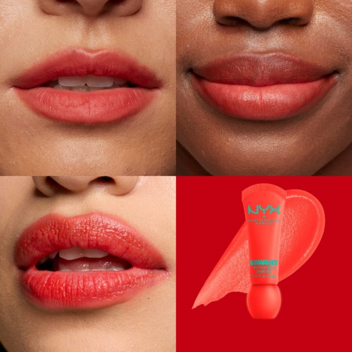 Nahaufnahme zeigt verschiedene Lippenfarben und eine rote NYX Lipglosstube mit einem Peel-off-Aufkleber.