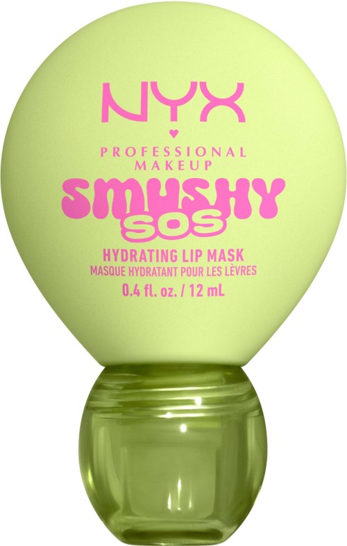Kraftigt grön rund behållare med rosa NYX-logga och text för en återfuktande läppmask.