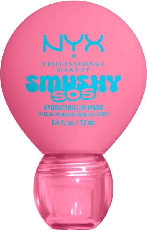 Pink rund behållare med NYX Smushy SOS hydratiserande läppmaskin med blå och rosa text.