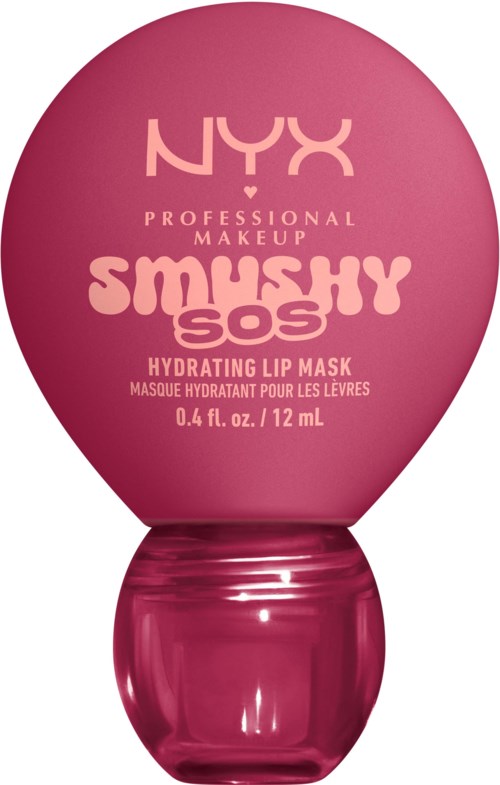 Rosa runt förpackning av NYX Smashy SOS återfuktande läppmaskin med produktnamn och detaljer i vitt.