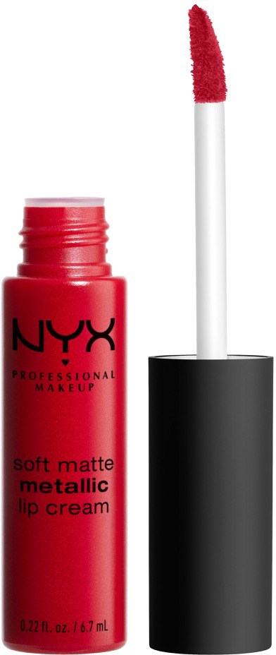 A NYX soft matte metallic lip cream container with an open lid and a applicator wand showing red lipstick.