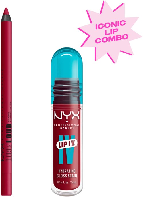NYX lipgloss in doorzichtige tube met roze label en blauwe dop, gemarkeerd als hydraterende gloss stain.
