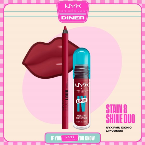 NYX lip stain en gloss duo met rode lippenstift en lipgloss, tegen een roze achtergrond.