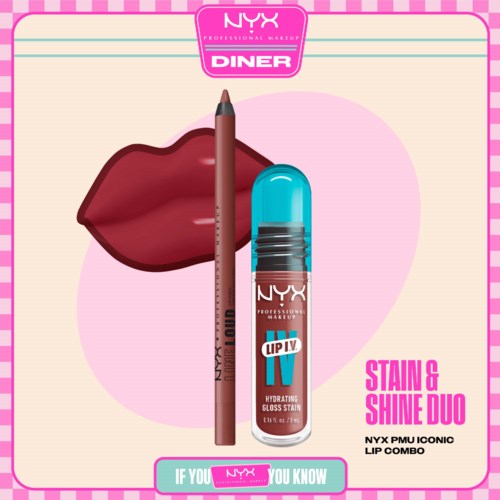 Lippenstift en glans duo met lippenpotlood en verpakking, tegen roze achtergrond met lipillustratie.