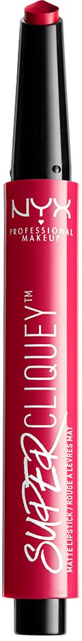 En rosa läppskrivning med NYX-varumärket, märkt som Super Cliquey, för makeup.