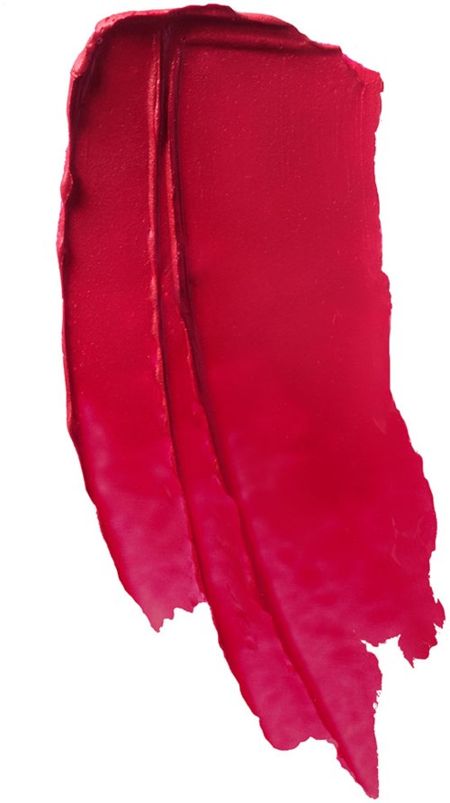 Röd läppstiftfläck med en lång, slät form och en mörkare linje i mitten.