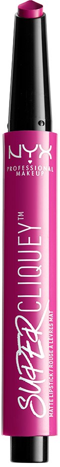 En rosa NYX läppkrita med svart lock och vit text, märkt 'Super Cliquey' och 'Professional Makeup.'