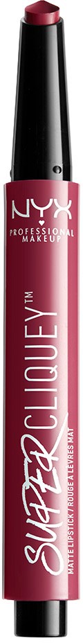 En rosa läppkrita med svart lock, märkt NYX, döpt till Super Clitique, med varumärke och produktdetaljer.