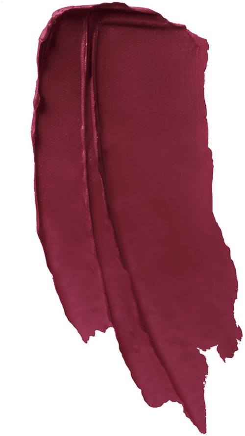 Ett provprov av mörkröd läppstift med matt finish och jämn applicering.