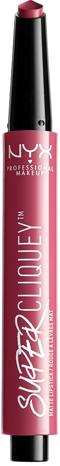 En rosa läppenna med svart lock, märkt NYX i vitt och silver, kombinerar läppvård och makeup.