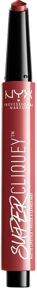 En rosa läppasinlaga med svart lock, märkt NYX, står 'Super Cliquey' för läppar.