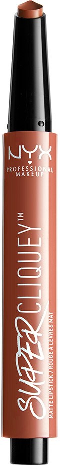 En läppkrita i svart och rosa förpackning, märkt NYX Super Cliquey i en professionell makeup-varumärkesstil.