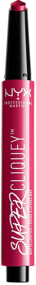 En rosa läppennica med NYX-logotypen och 'Super Cliquey' skrivet på den, med svart lock.