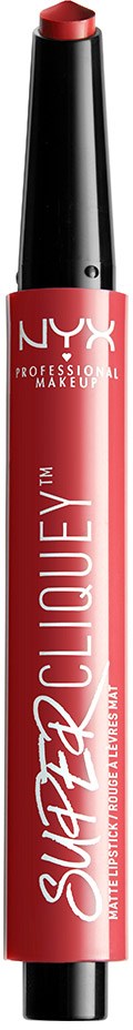 Läppkrita med svart och rosa design, märkt NYX Super Cliquey, används för läppfärg.