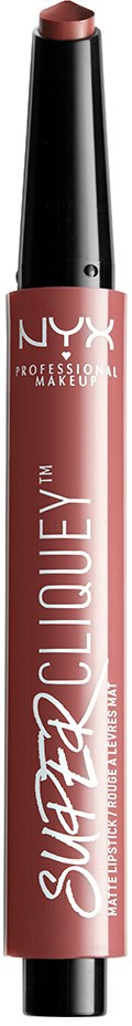 En NYX läppkrita i rosa nyans med svart lock, märkt Super Cliquey, används för läppsmink.