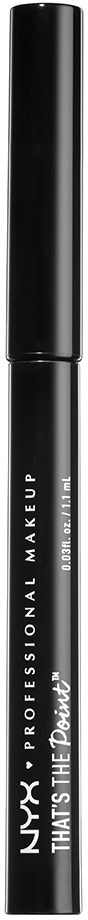 En svart NYX Professional Makeup-ögonskuggspenna med vitt text. Förvaringslocket är överst och kroppen är smal.