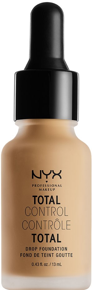 NYX Total Control Drop Foundation-Flasche mit schwarzem Deckel und beige Flüssigkeit im Inneren.