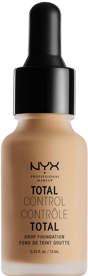 Eine Flasche NYX Foundations mit schwarzem Tropferdeckel und beiger Flüssigkeit.