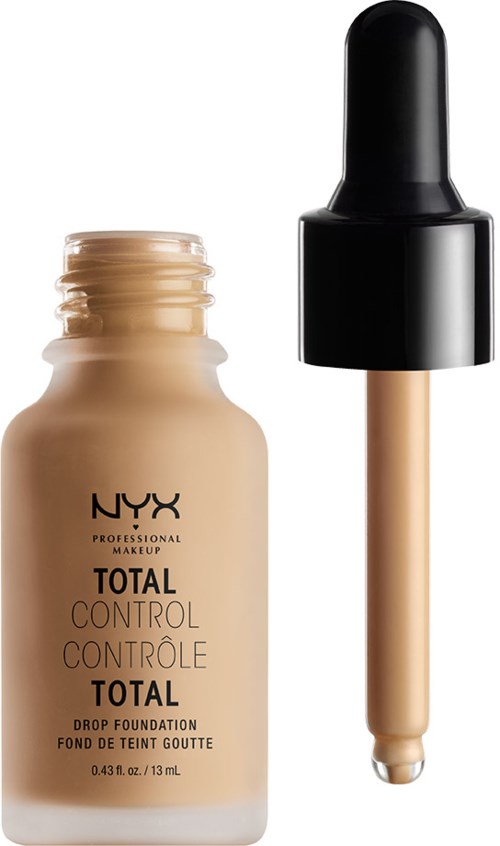 Eine beige Foundation-Flasche mit schwarzem Tropferverschluss, gekennzeichnet mit NYX Total Control Drop Foundation.