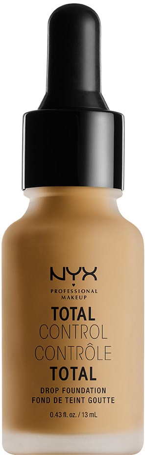 Eine Flasche NYX Total Control Drop Foundation mit schwarzem Tropfer. Es ist beige und für Make-up.