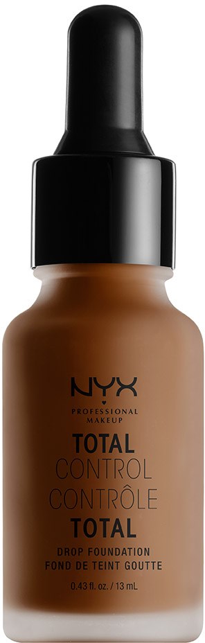 Eine Flasche NYX Total Control Drop Foundation mit schwarzen Tropfenzähler und beigefarbene Flüssigkeit.