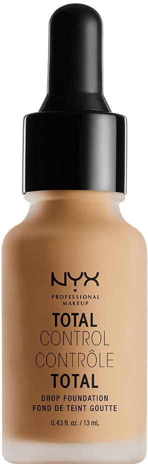 Flasche mit NYX Total Control Drop Foundation, schwarzer Tropfverschluss, beige Flüssigkeit und Markenschrift auf dem Etikett.