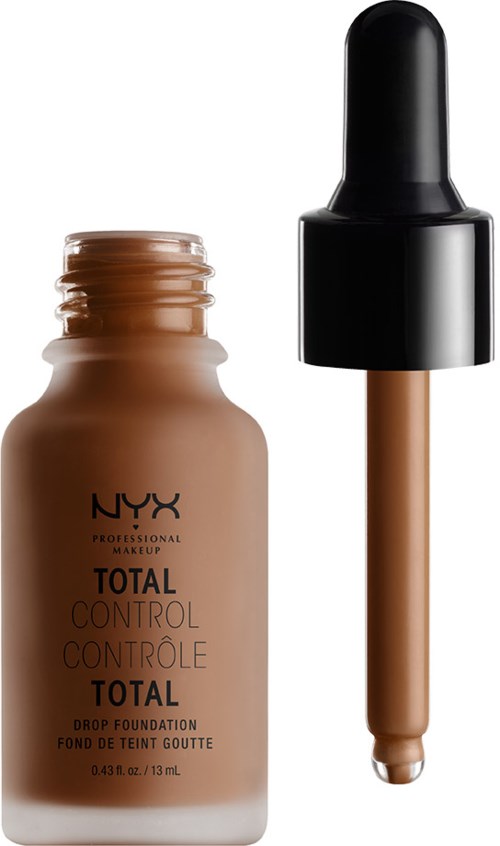 Eine Flasche NYX Foundation mit Tropfer, hellbraune Flüssigkeit, schwarzer Deckel.