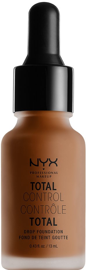 Eine Flasche NYX Total Control Drop Foundation mit schwarzem Deckel und heller brauner Flüssigkeit.