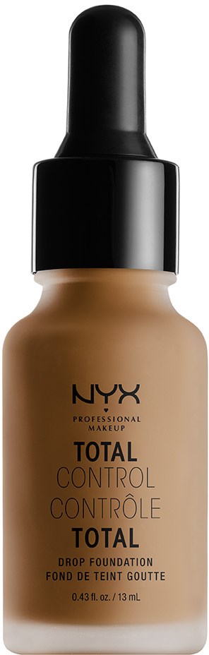 Eine Flasche NYX Foundation mit schwarzem Tropfer und beigefarbener Flüssigkeit.
