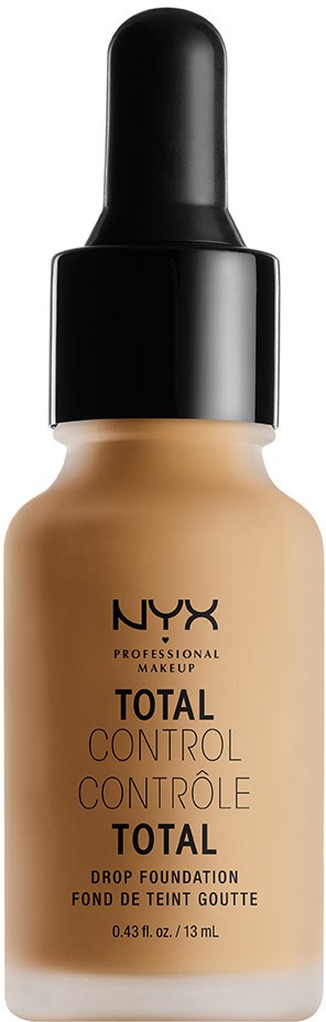 Eine Flasche NYX Total Control Drop Foundation mit schwarzem Deckel und beige Flüssigkeit.