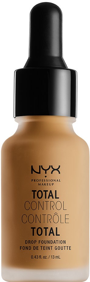 Eine beige Foundation-Flasche mit schwarzem Deckel und Tropfer, beschriftet NYX Total Control Drop Foundation.