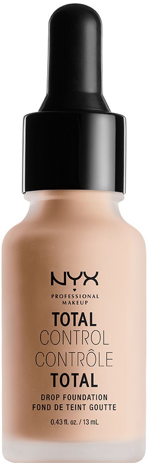 Eine Flasche NYX Total Control Drop Foundation mit schwarzem Tropfer und beige Flüssigkeit.