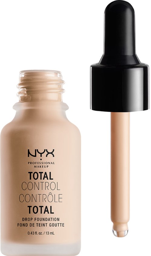 Eine Flasche NYX Total Control Drop Foundation und eine Pipette mit beige Flüssigkeit.