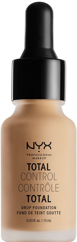 Eine Flasche NYX Total Control Drop Foundation mit schwarzem Deckel und beige Flüssigkeit.