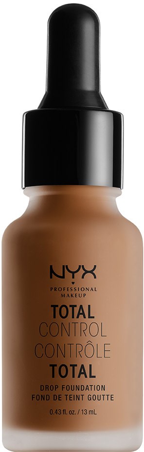 Eine Flasche NYX Total Control Drop Foundation mit schwarzem Deckel und beiger Flüssigkeit.