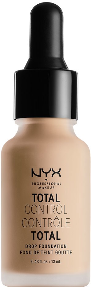 Eine Flasche NYX Total Control Drop Foundation mit schwarzem Tropfer. Beige Flüssigkeit darin. Etikett zeigt Produktdetails.