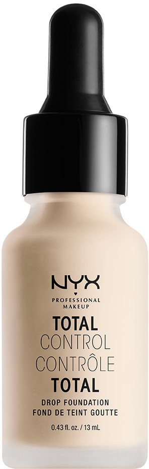 Eine Flasche NYX Total Control Drop Foundation mit schwarzem Tropfer und beigem Inhalt.