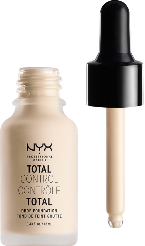 Eine Flasche NYX Foundation mit Pipette zeigt Flüssigkeit, gedacht für Make-up. Die Pipette liegt neben der Flasche.