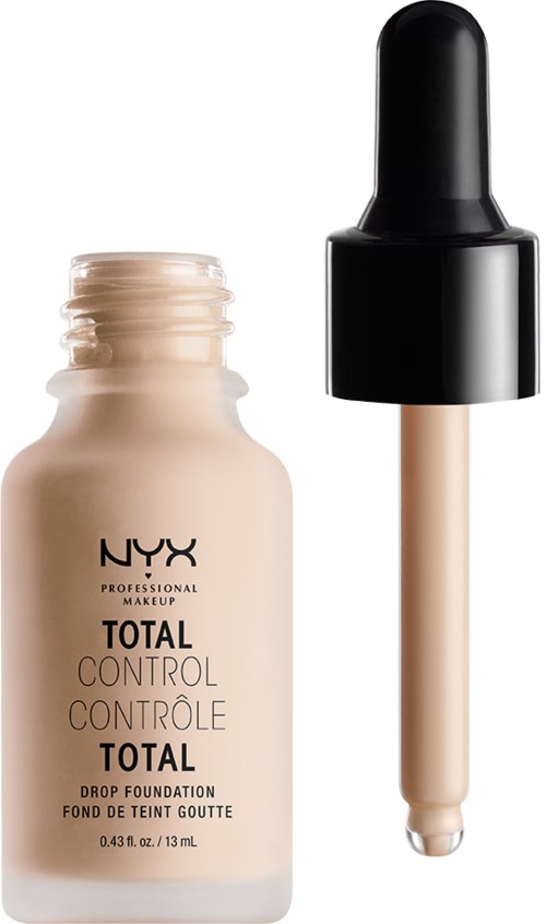 Eine Flasche NYX Total Control Drop Foundation mit Tropferklappe.