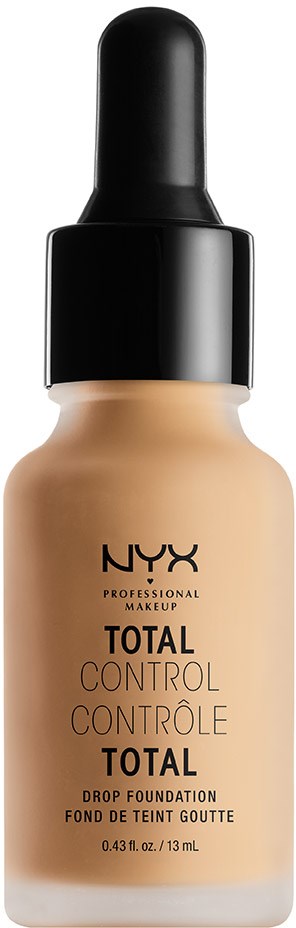 A foundation bottle with a black dropper cap, labeled NYX Total Control Drop Foundation, in beige color.
