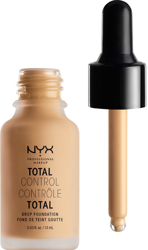 A bottle of NYX foundation with a dropper lying beside it, labeled "Total Control".