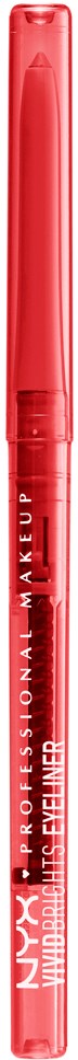 En rød flydende eyeliner-pen med hvid og sort tekst, står lodret.