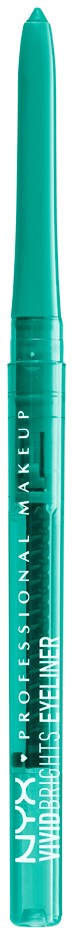 En turkos eyeliner-pen från NYX professionell makeup. Den står upprätt mot en svart bakgrund.