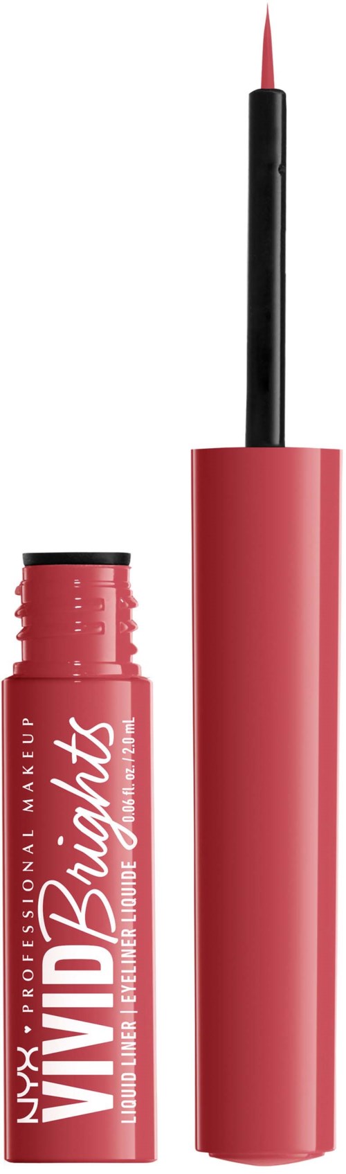 En rød tube med NYX Vivid Brights flytende eyeliner med åpnet lokk, og børsten vist.