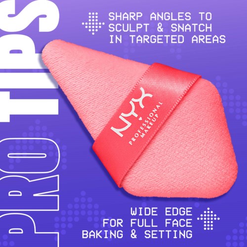 A pink makeup sponge with a NYX logo, designed for precise face detailing and broad application.