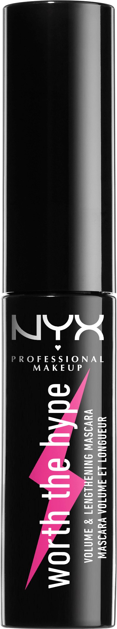 A black mascara tube with white and pink text, labeled 'NYX professional makeup' and 'the hyper volume mascara.'