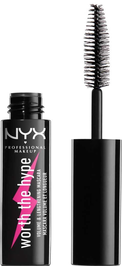 A mascara tube with an open brush showing, labeled 'NYX Worth the Hype' in black, pink, and white.