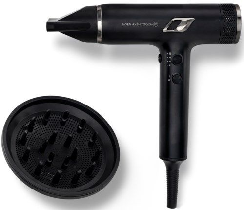 En sort hårtørrer med diffuser vedhæftning, mærke Björn Axén Tools, og forskellige kontrolknapper.