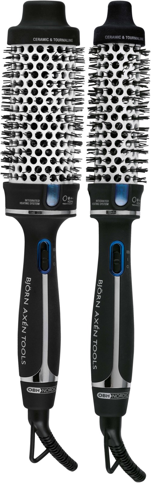 Two electric hairbrushes with black handles and patterned white and black bristle areas.