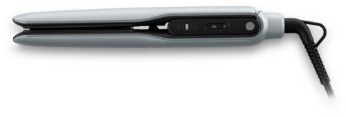 A hair straightener with a black cord, gray body, and control buttons.